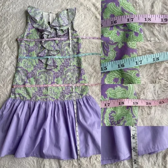 Vintage 60s ruffle front paisley print drop‎ waist midi dress lilac purple green - Picture 4 of 15